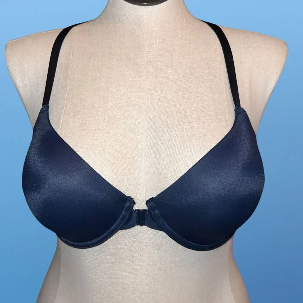 Blue Full Figure Ellen Tracy Racerback Front Close Bra Size 38C